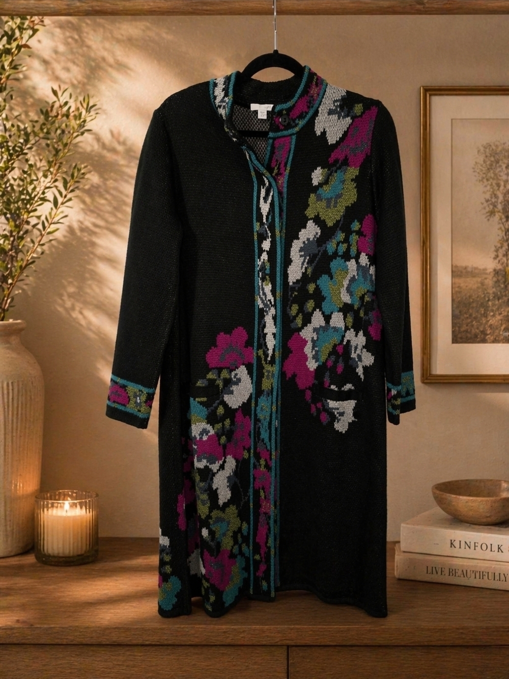 J. Jill Black Floral Long Cardigan with Teal and Magenta Accents